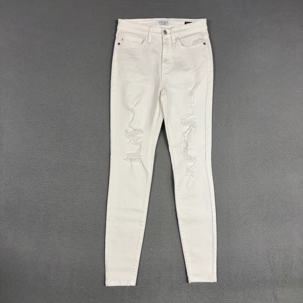Judy Blue Jeans Women 3/26 White Skinny Fit Stretch Distressed Denim Preppy